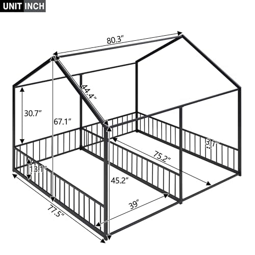 Double Twin House Platform Bed, Metal Floor Bed Frame with Safety Rails