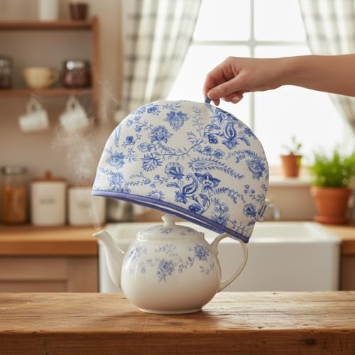 Large Insulated Tea Cozy - 100% Cotton Vintage Blue Floral Teapot Cover