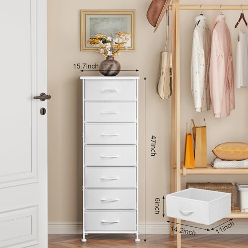 Fixwal Tall Narrow White Fabric Dresser with 7 Drawers - 11.8"D x 15.7"W x 47.2"H Storage Organizer