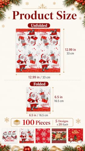 100 Pack Christmas Napkins for Decoupage - 6.5 Inch, 2-Ply Paper Napkins
