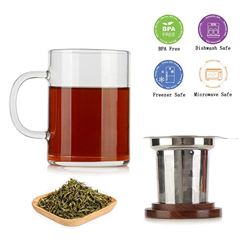 COMI 14oz Glass Tea Cup with Walnut Lid & Handle - Large Capacity Infuser Mug for Loose Leaf Tea (Variation 1)