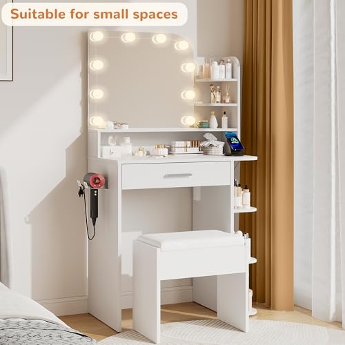 Small Makeup Vanity Desk with Mirror, Lights, Stool, and Charging Station