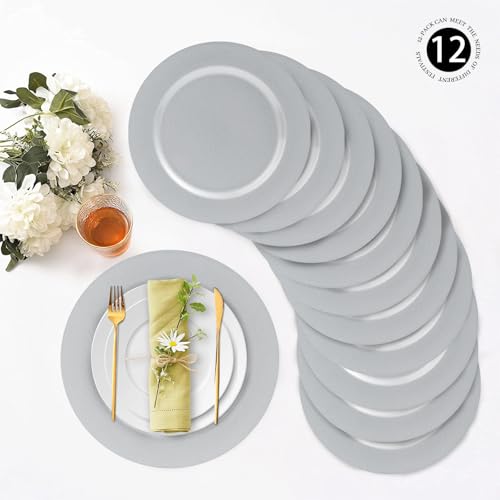 12-Pack 13-Inch Silver Charger Plates Set for Dinner Table - Elegant Plastic Tableware