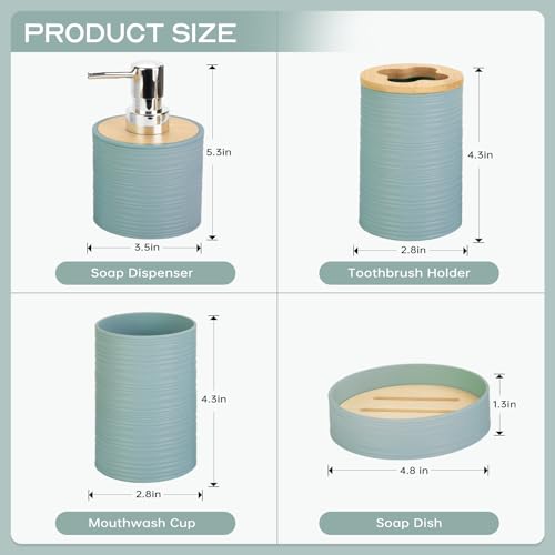 4-Piece Bamboo Bathroom Accessory Set, Aqua Boho Soap Dispenser and Holder