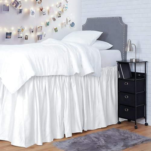 Twin XL Bed Skirt with 32 Inch Drop - Microfiber Dorm Dust Ruffle, White
