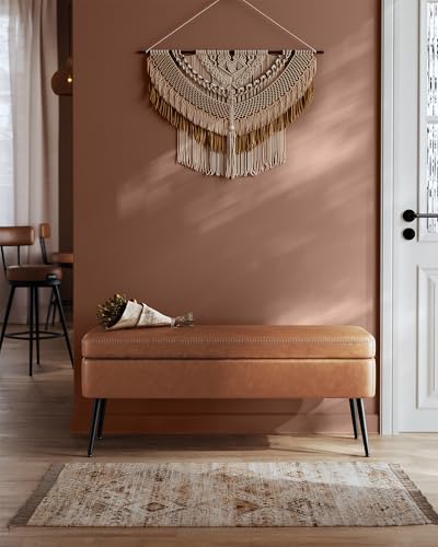 Mid-Century Modern Storage Ottoman Bench with Safety Hinges, Caramel Brown
