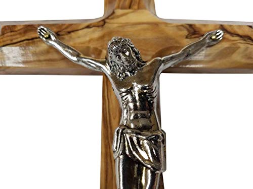 8-Inch Handcarved Olive Wood Crucifix with Silver Corpus