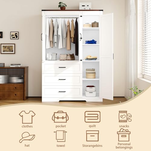 3-Door Bedroom Armoire Wardrobe with Drawers and Adjustable Shelves