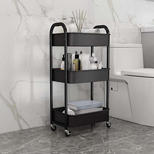 3-Tier Rolling Utility Cart with Wheels, Mesh Metal Storage Trolley, Black