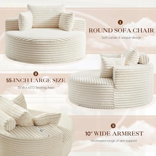 Oversized Round Corduroy Lounge Chair - 55-Inch Deep Seat Floor Sofa