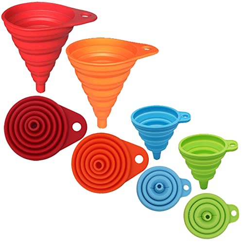 Collapsible Silicone Kitchen Funnel Set - 4 Pack Food Grade Folding Funnels