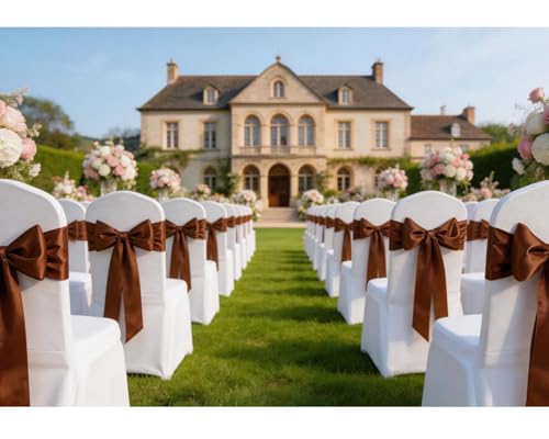 Brown Satin Chair Sashes 50 Pack - Chair Bows for Wedding & Event Decor