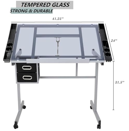 Adjustable Glass Drafting Table with Storage Drawers and Rolling Wheels