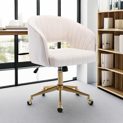 Cream Velvet Vanity Chair with Gold Base, Adjustable Swivel Desk Chair