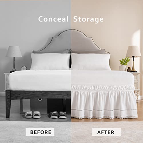 Wrap Around Ruffled Lace Bed Skirt - Elastic Dust Ruffle (15-Inch Drop, White)