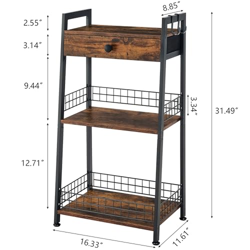 3-Tier Bathroom Ladder Shelf with Storage Drawer and Towel Hooks