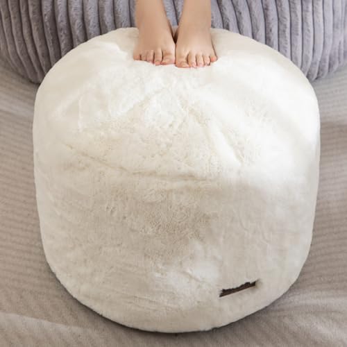 Fluffy Round Pouf Ottoman, 20-Inch Foam Filled Foot Rest Stool, Beige