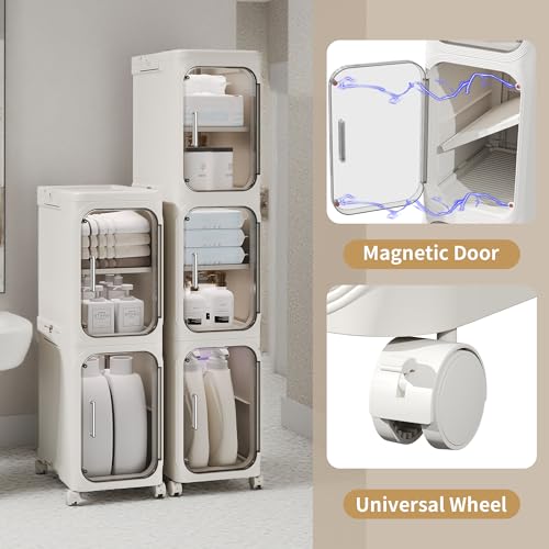 Slim Bathroom Storage Cabinet, 2-Tier Rolling Organizer with Clear Doors