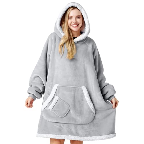 Wearable Blanket Hoodie with Pockets, Oversized Sherpa Fleece Loungewear
