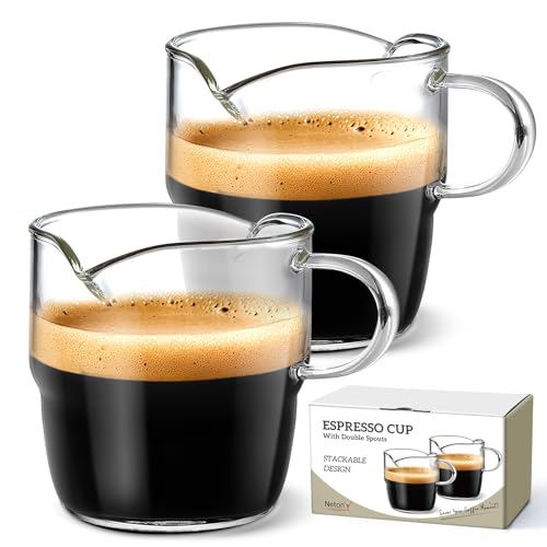 NETANY 6oz Espresso Cups Set of 2, Double Spouts, Stackable Glass Mugs for Coffee Bar