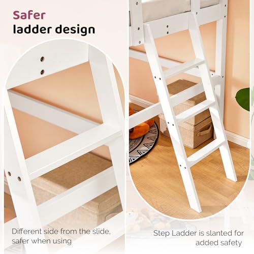 Twin Low Loft Bed with Slide for Kids, Sturdy Pinewood Frame with Guardrail