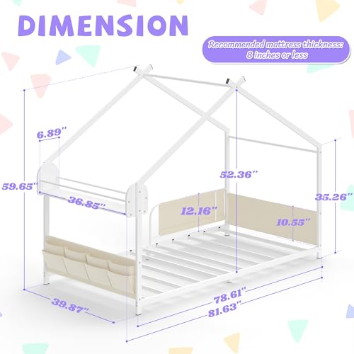 Twin Size Montessori House Bed Frame with Storage Shelf and Guardrails