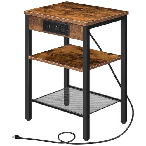3-Tier Side Table with Charging Station & USB Ports - Rustic Brown