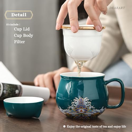 DEARART Green Cat Tea Cup with Lid & Filter 10.8oz Ceramic Mug for Tea Coffee