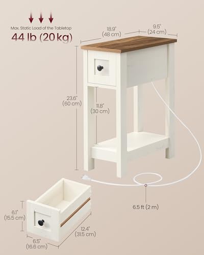 Farmhouse Narrow End Table with Charging Station and Storage Drawer