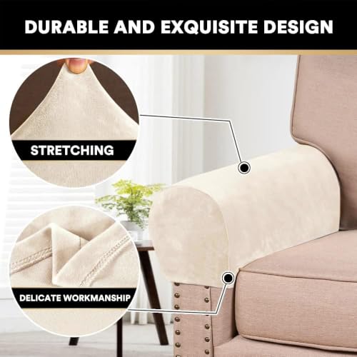 Thick Velvet Stretch Armrest Covers for Chairs and Sofas - 2 Pack, Ivory