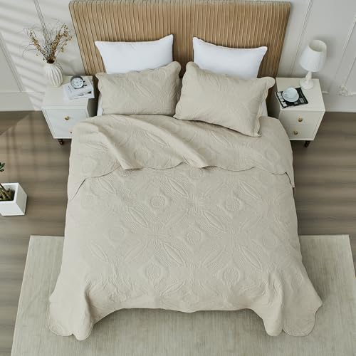 Oversized King Bedspread Set 128x120 - Ultrasonic Quilted Beige Coverlet