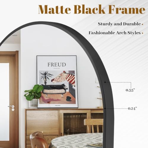 24x36 Inch Arched Wall Mirror, Black Metal Frame Vanity Mirror