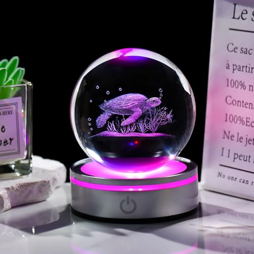 3D Sea Turtle Crystal Ball Night Light with LED Base for Beach Decor