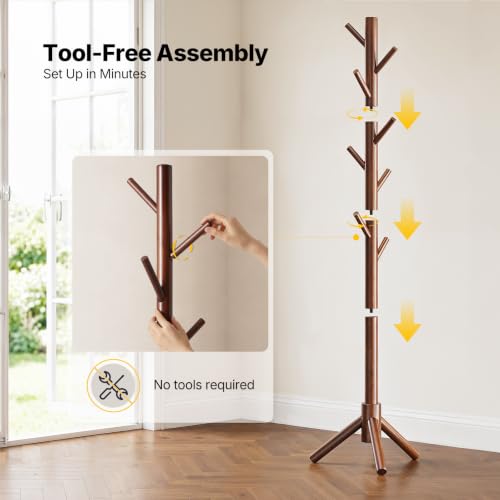Solid Wood Freestanding Coat Rack with 8 Hooks and Adjustable Height