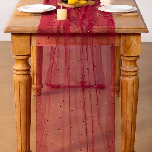 Pearl Gauze Table Runner 10ft for Wedding & Party Decor - Red
