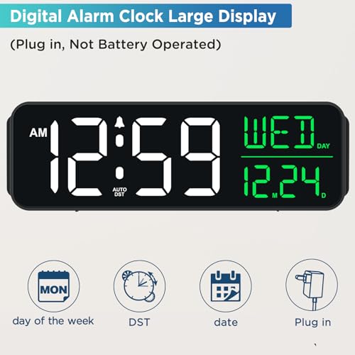 Large Display Digital Alarm Clock with Calendar Date & Day, Auto DST
