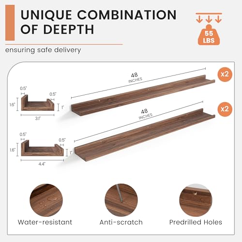 48-Inch Floating Picture Ledge Shelves - Set of 4 Wall-Mounted Wood Shelves
