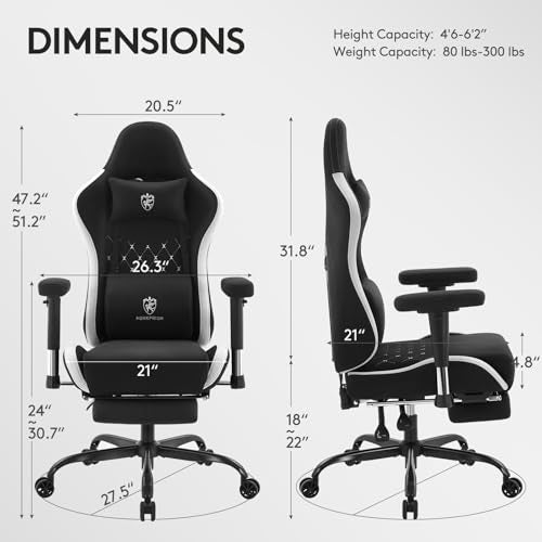 Ergonomic Fabric Gaming Chair with Footrest, Massage Lumbar & Gel Cushion