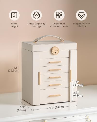 6-Layer Large Jewelry Box Organizer with 5 Drawers, Mirror and Lock, Beige