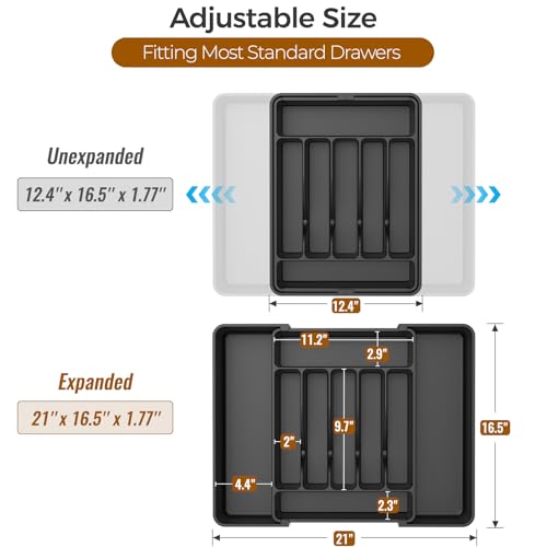 Expandable Silverware Drawer Organizer - Extra Large Cutlery Tray, Black