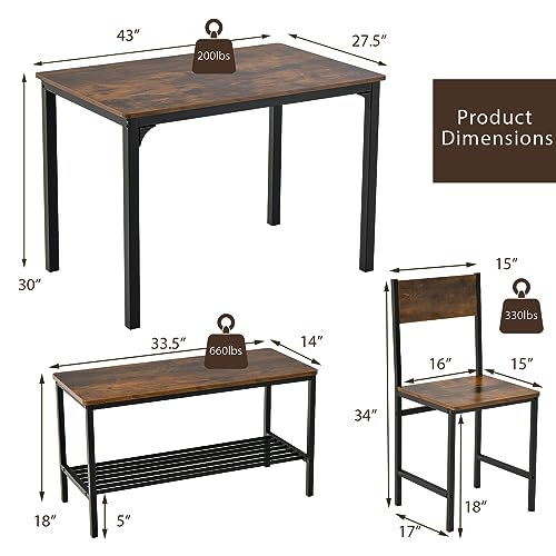4-Piece Industrial Dining Table Set with Bench and Chairs - Rustic Brown