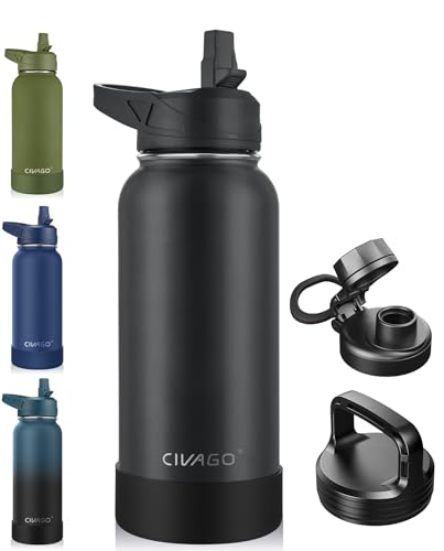 32 oz Insulated Stainless Steel Water Bottle with 3 Lids and Straw