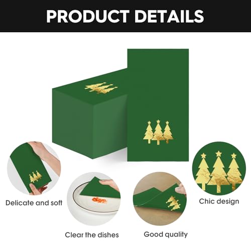 Horaldaily 100Pcs Christmas Napkins 4.3x7.9in Green Gold Foil Trees, 2-Ply