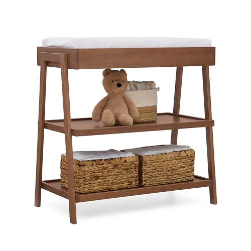 Nursery Wooden Baby Changing Table with 2 Storage Shelves, Chestnut