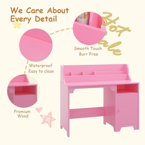 Kids Wooden Desk and Chair Set with Hutch Storage for Study Room