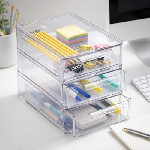 Small 3 Pack Clear Stackable Storage Drawers with Handles - Modular Plastic Organizer