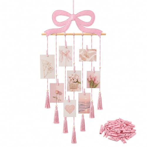 Pink Bow Wall Photo Display, Macrame Picture Holder with 30 Clips