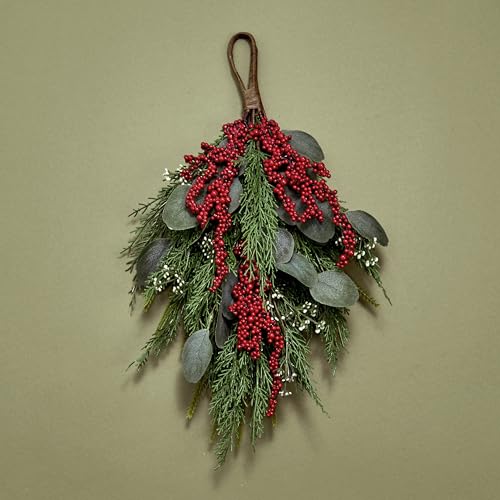 18-Inch Artificial Eucalyptus and Red Berry Swag for Front Door Decor