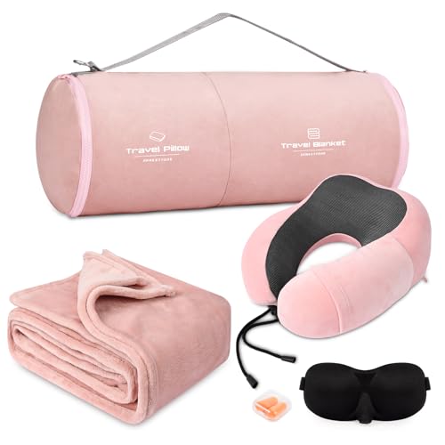 Travel Pillow and Blanket Set with Eye Mask and Earplugs