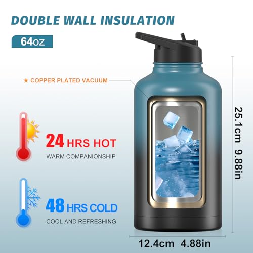 64 oz Insulated Water Bottle Half Gallon Stainless Steel Jug with Straw Lid